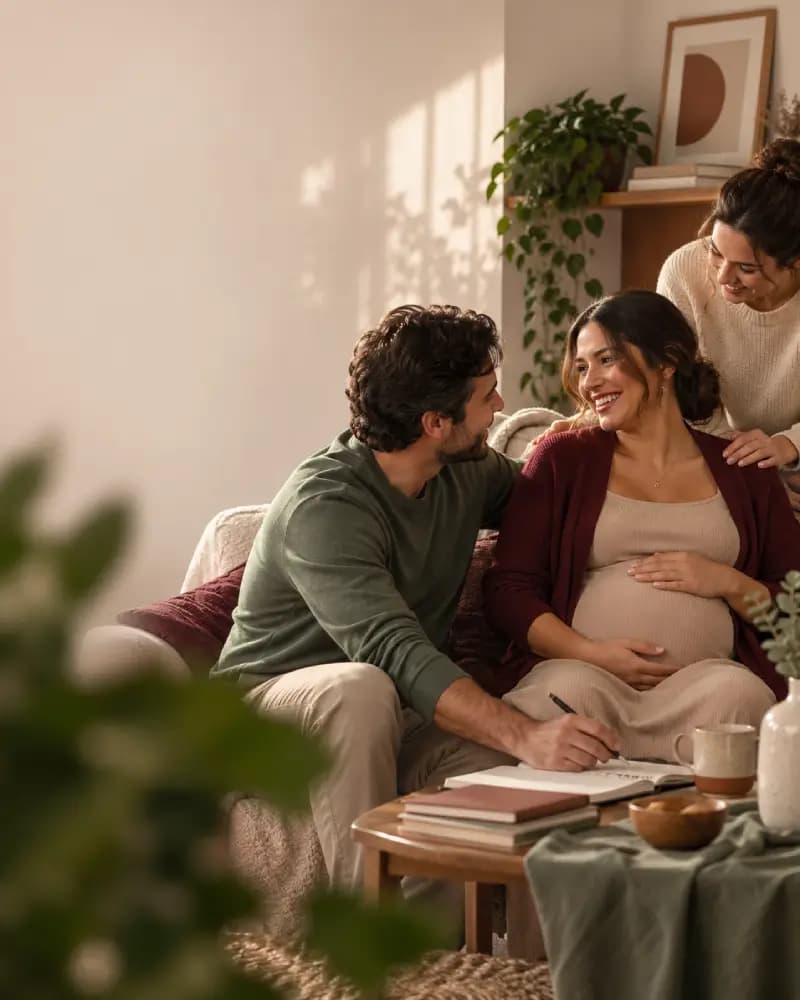 Família apoiando mãe e recém-nascido